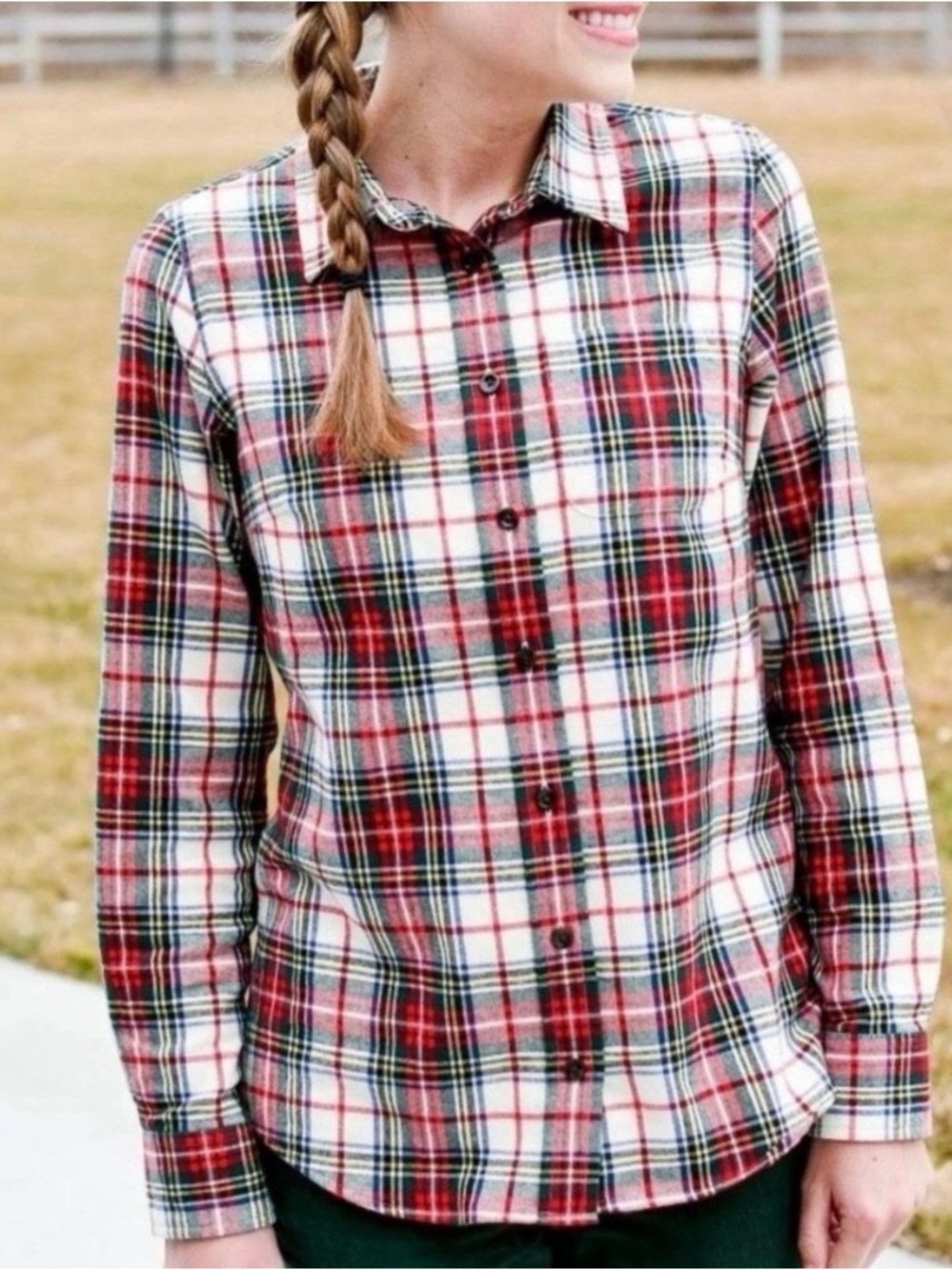 LL Bean Womens Button Down Flannel Red Green Scotch Plaid Relaxed Fit Pocket XL